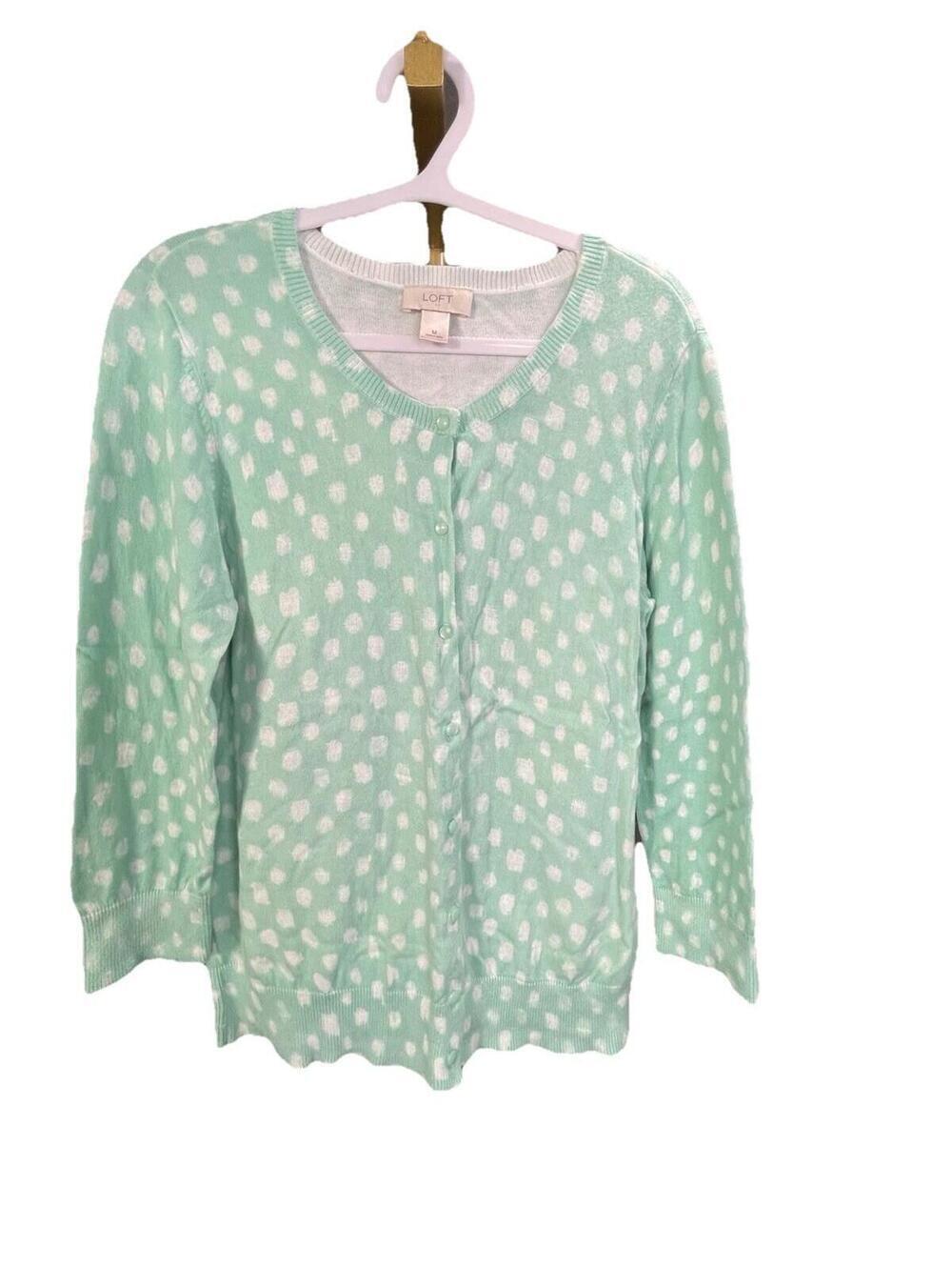 LOFT Cardigan Long Slv M Pistachio Green White Polka Dot Button Up 100% Cotton